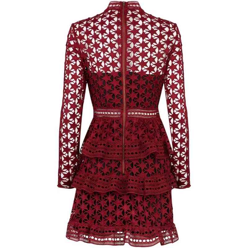 Arrival Spring Red/Blue/Party Lace Hollow Out Dress Women Long Sleeve Vestidos 210520