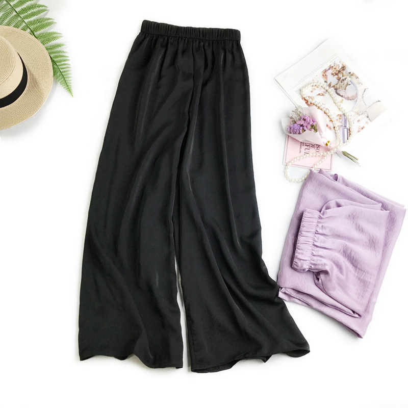 Casual Pants Women Summer Loose Wide Leg Trousers Satin Silk Capri Elastic Waist Women's High Beach 210428
