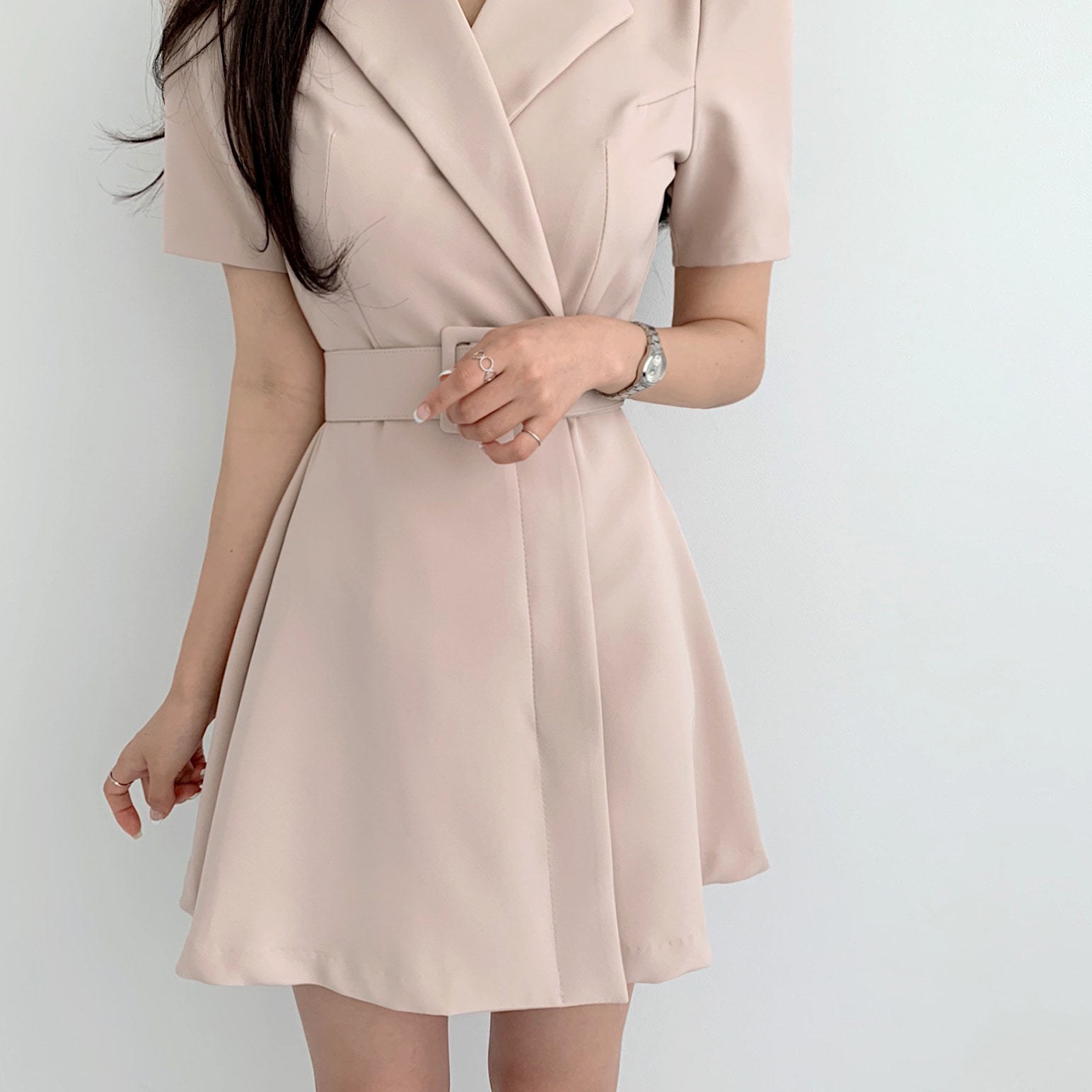 Elegant Notched Collar Blazer Mini Dress With Sashes Summer Ladies Notched Short Sleeve A-Line Party Dresses Female 210518