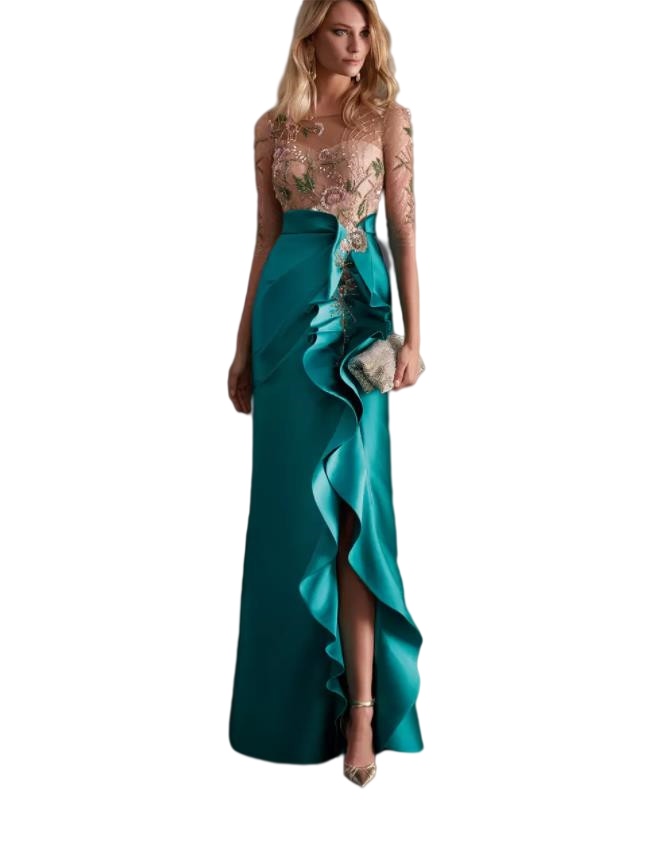 Elegant formal mermaid Evening Dresses wear Beads O Neck Half Sleeves teal blue Side Split Women Formal Prom Gowns cocktail Party Dress