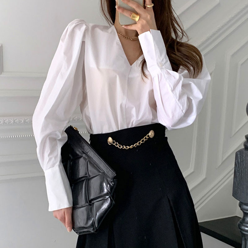 Solid White Blouse Office Lady Shirt Cotton Korean Chic Women Fashion V-neck Plus Size Loose Tops Blusas Blouses 12870 210427