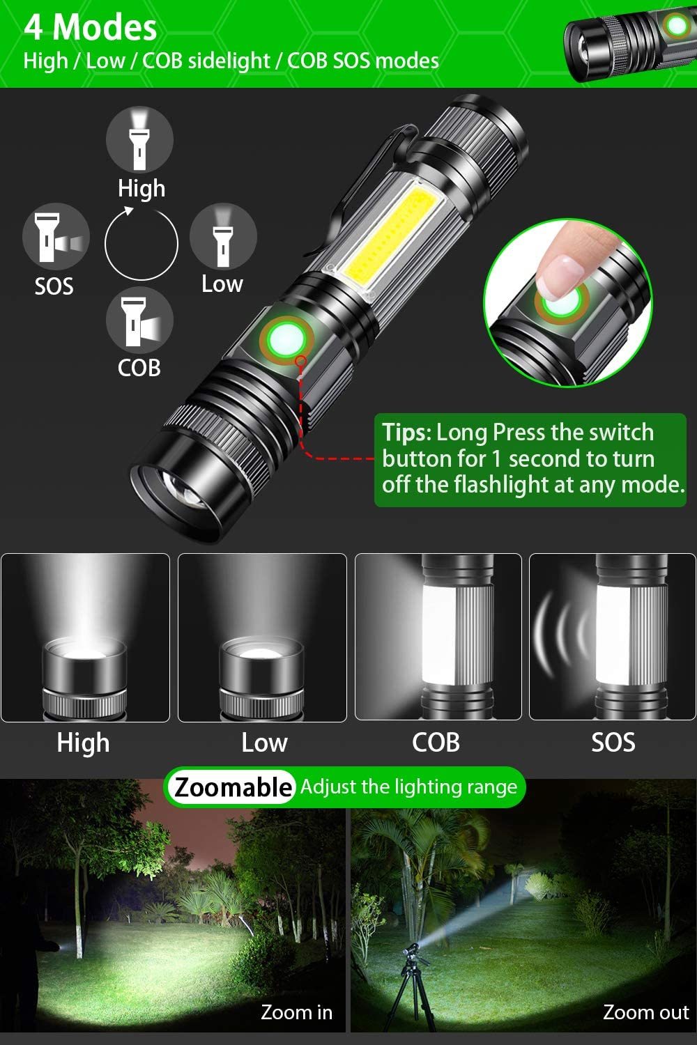 8000LM USB Rechargeable Flashlight Super Bright Magnetic LED Torch with Cob Sidelight a pocket clip Zoomable for Camping 210322