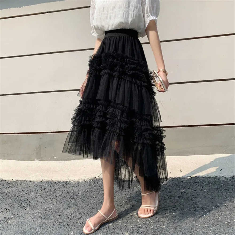 French Elegant Ruffled Irregular Cake Stitching Pleated Skirts Women Vintage Mesh High Waist Layered Tulle Skirts Streetwear 210619
