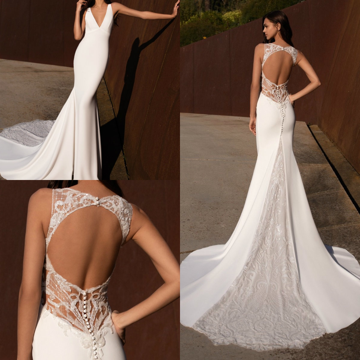 

Plunging V Neck Mermaid Wedding Dresses Keyhole Back Lace Sequined Beach Wedding Gowns with Illusion Details Sexy robes de mariée, Custom made from color chart