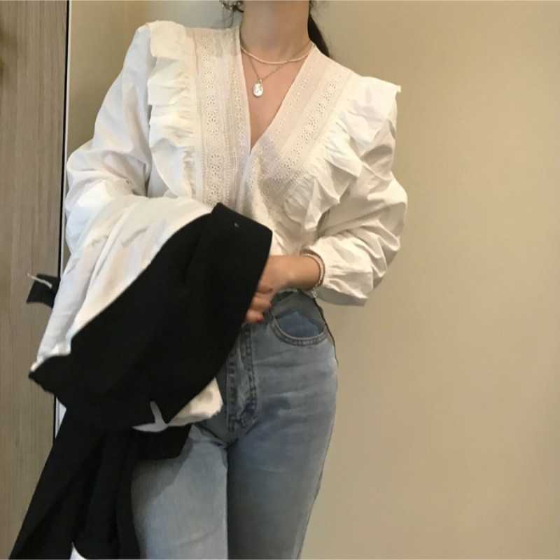 Korean Chic Women Tops Ruffle Patchwork V-neck Blouse Shirt Spring Lantern Sleeve Blusas Mujer De Moda 6G686 210603