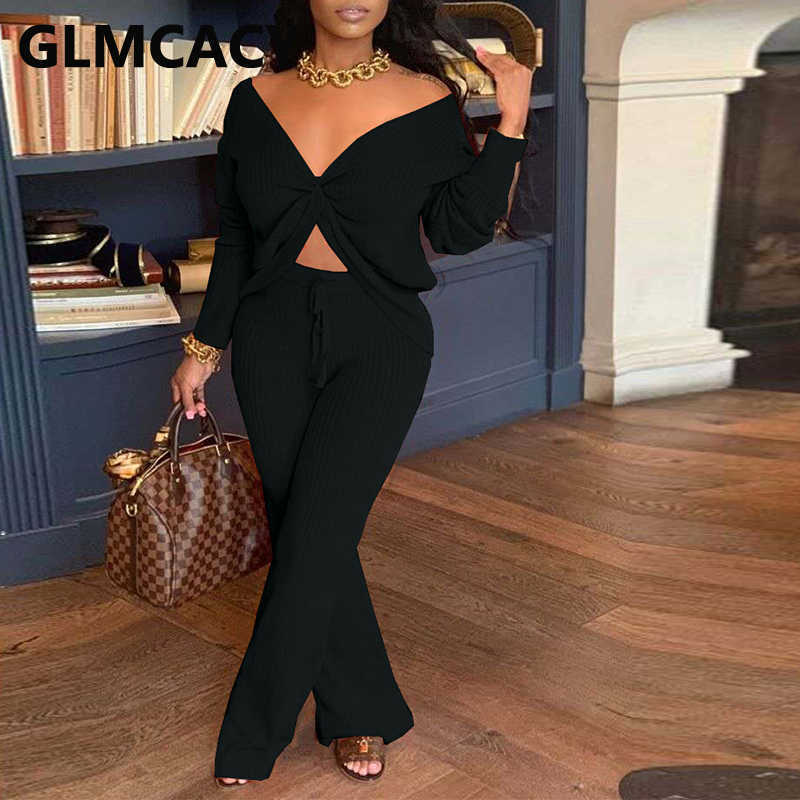 Women Two Piece Chic Spring Fall Suits Solid Casual Twist Top Loose Pants Set 210702