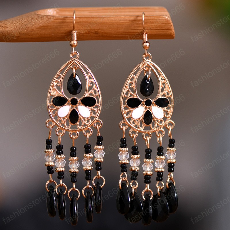 Fashion Bride Wedding Dangle Earrings Colrful Crystal Water Drop Tassel Earring for Women Vintage Flower Bohemian Earring Boho Jewelry