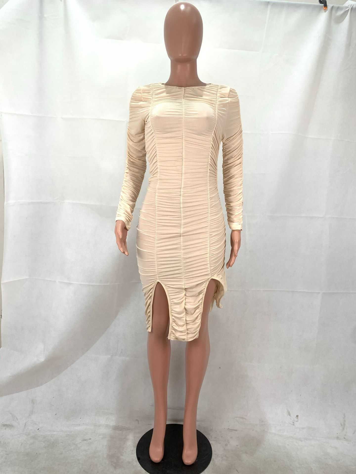 Women Long Sleeve Ruffle Hem Ruched Slit Dress Sexy Club Party Dress 210702