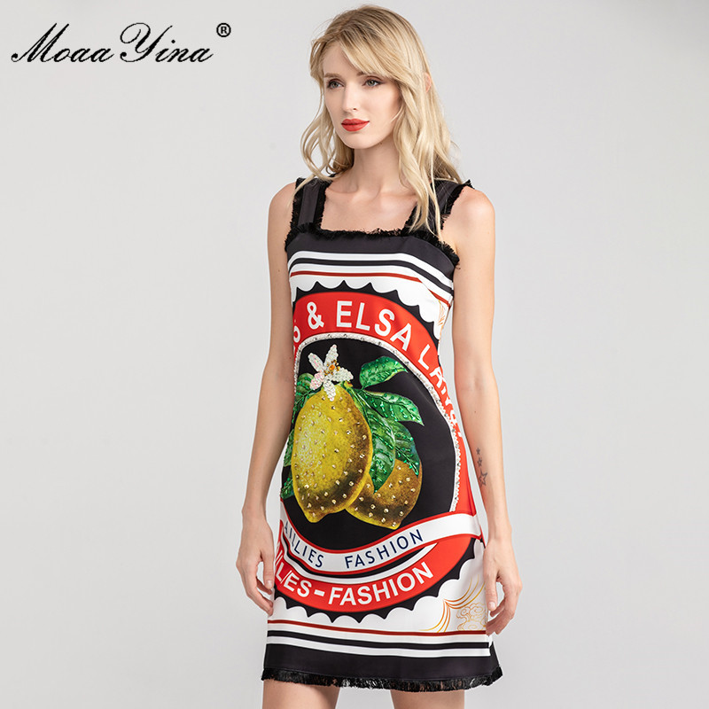 Fashion Runway dress Spring Summer Women's Dress Spaghetti Strap lemon Print Beading Sequined Dresses 210524