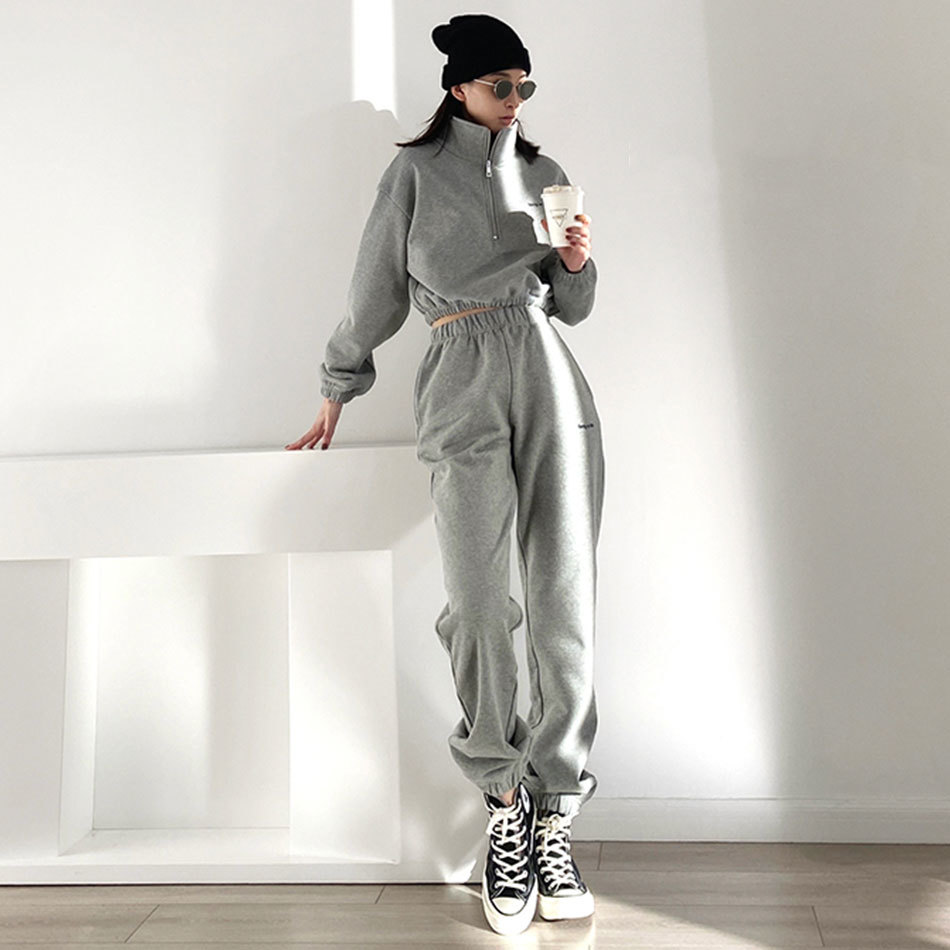 Free Ladies Women Sweatshirt Set Casual Zipper Stand Collar Long Sleeve Pullover Sweater & Pants Two-piece Se 210524