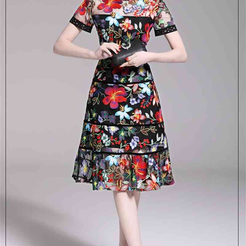 Comelsexy Summer Women High Quality Dress Elegant Ruffles Short Sleeve Mesh Floral Embroidery Long Party Dress Vestidos 210515