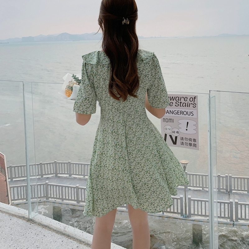 Women Dresses Summer Sexy V Neck Floral Print Boho Beach Dress Ruffle Short Sleeve A Line Mini Dress Wrap Sundress Robe 210515