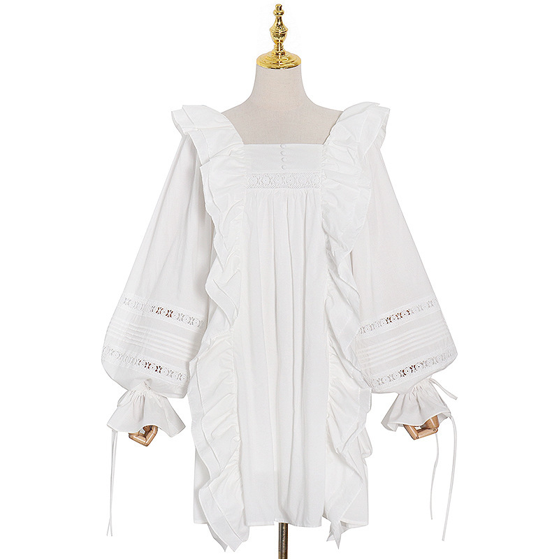 Getspring Women Dress Lantern Sleeve Ruffles Patchwork White Black Loose es Long Hollow Out Girls Summer 210513