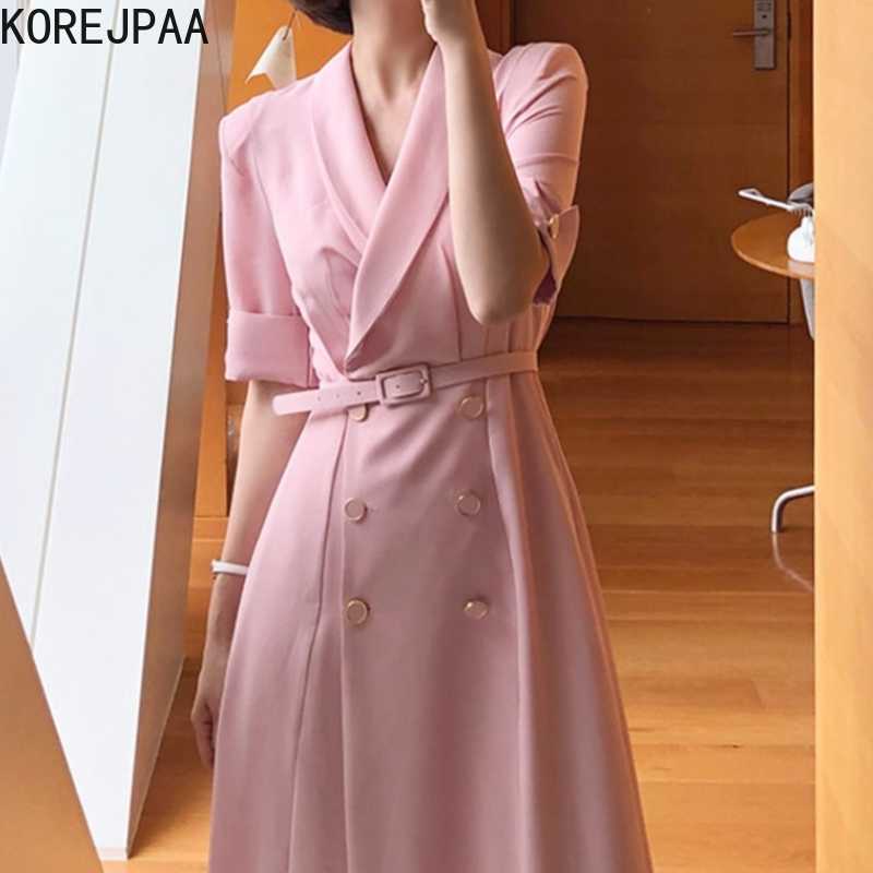Korejpaa Women Dress Korean Fashion Chic Summer Elegant Solid Color Light-cut Wind Lapel Double-skirted Vestido with Belt 210526