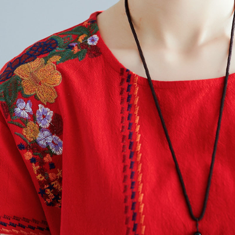 Summer Women T Shirt Plus Size Cotton Linen Flower Embroidery O-neck Loose Vintage Tee Femme Tops 5 colour L8119 210512