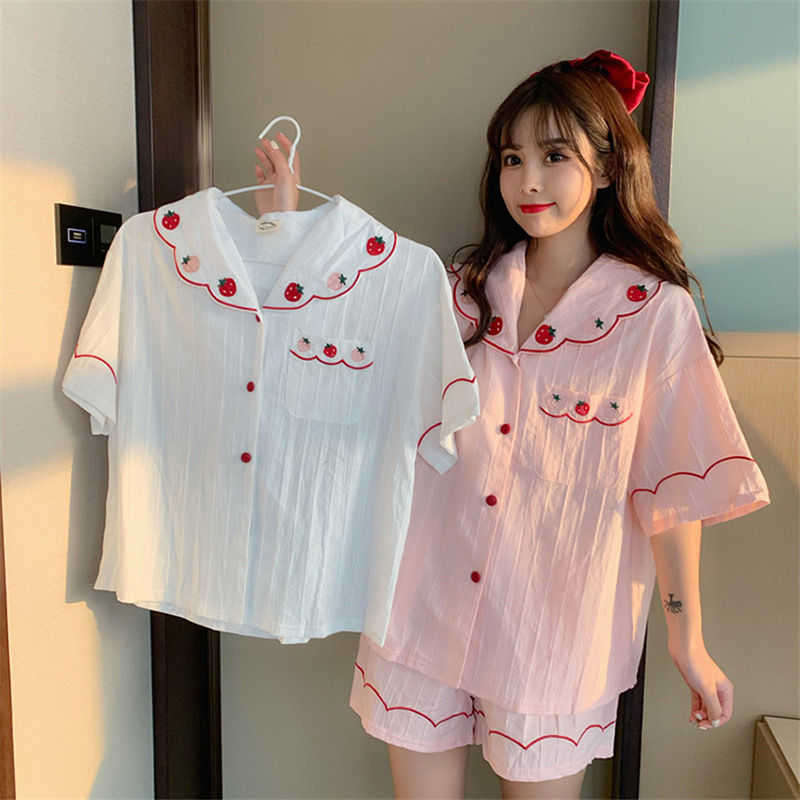 Qweek Women's Pajamas Summer Night Home Suit Sleepwear Cotton Strawberry Embroidery Pijamas Homepwear Pyjamas Kawaii Pj Sets 210924