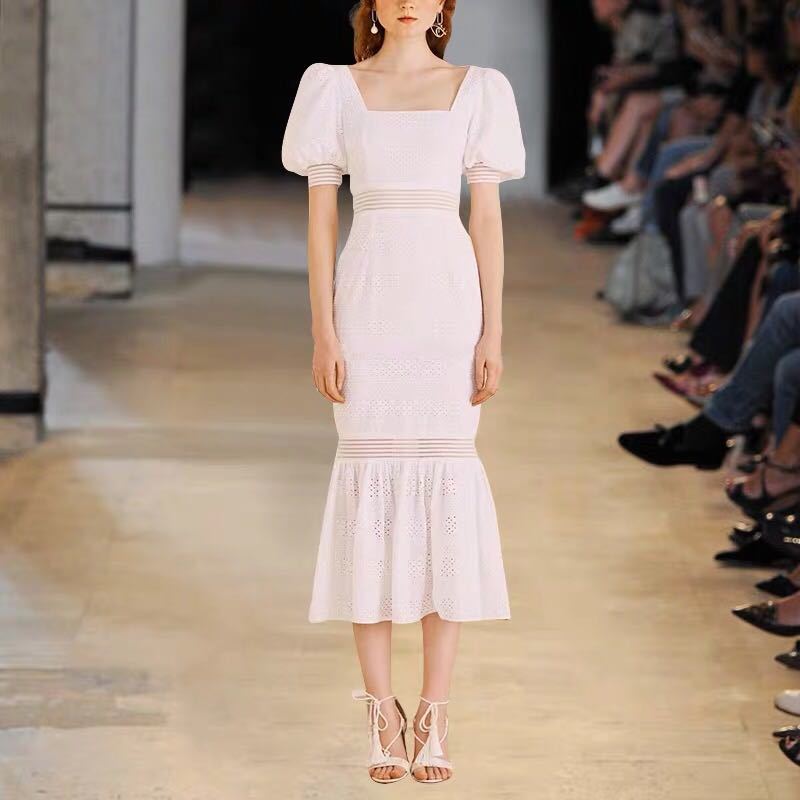Summer Women's Square Collar Korean Dress Sexy High Waist Hollow Fishtail Dress Bag Hip Women's Fashion Party Dress Vestidos 210515