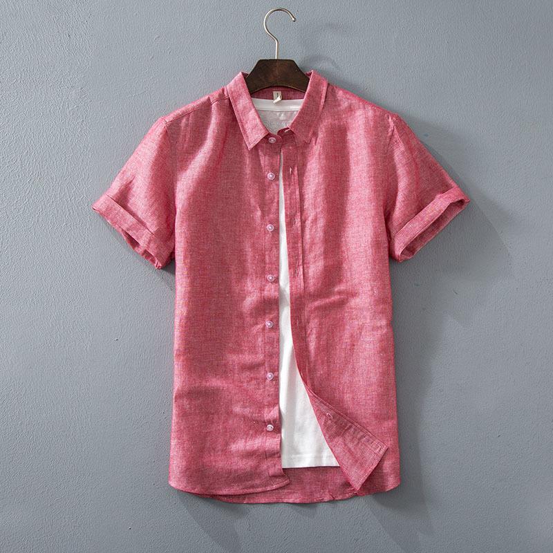 Men's Casual Shirts 2021 Summer Linen Shirt Fashion Classic Style Solid Color Short Sleeve White Male Brand Clothes Pink Gray