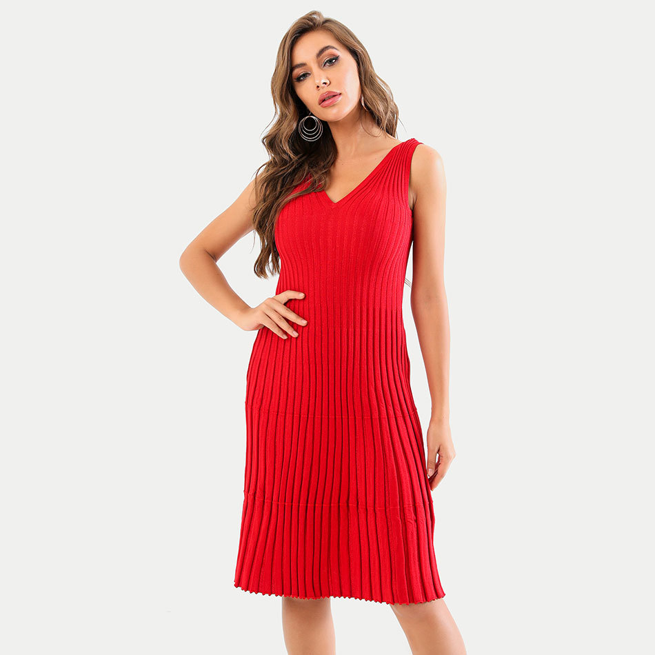 Free Autumn Women's Elegant Knit Dress Red Sexy V-neck Sleeveless A-line Dresses Celebrity Christmas Party 210524