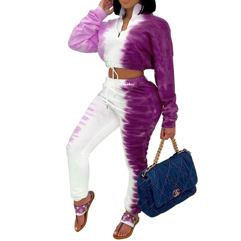 Women 2PC Tracksuit Sets Tie-dye Color Gradient Clothes Zipper Lapel Long Sleeve Crop Sweatshirt Tops/Elastic Waist Pants Women's Tracksuits