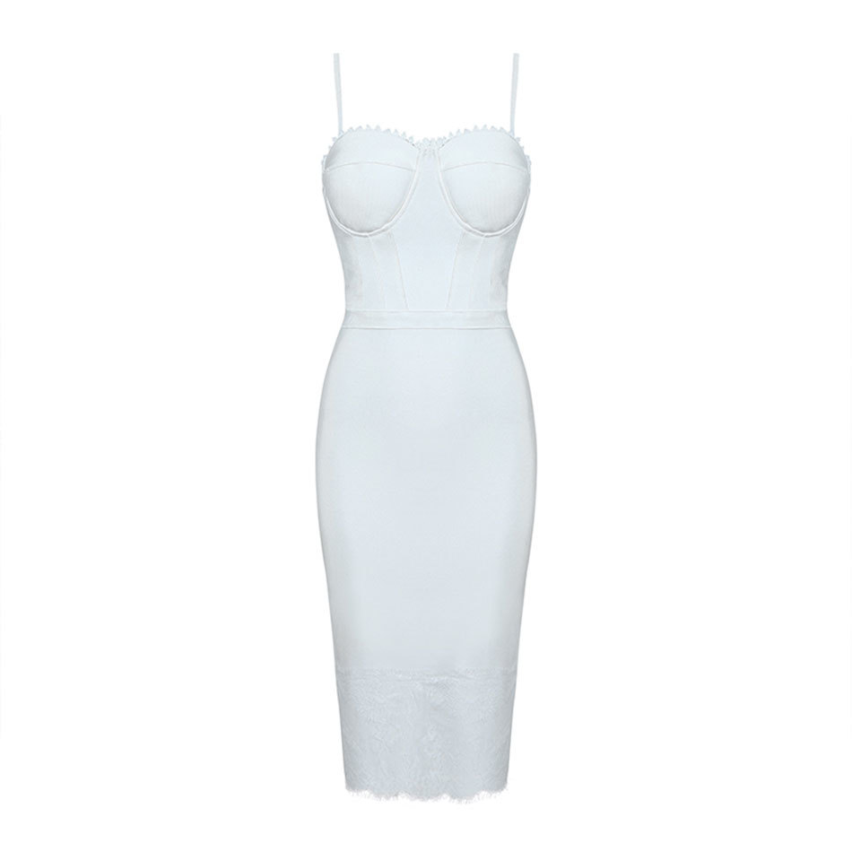 Women's Bandage Dresses White Sexy Sling V-neck Halter Bodycon Lace Patchwork Celebrity Club Party Vestidos 210524