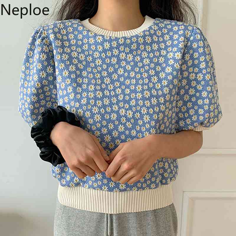 Neoloe Cropped Sweater Tops Puff Sleeve T Shirts Knit Sweater Shirt Women Clothes Vintage Print Korean Tshirt Summer Tees 210422