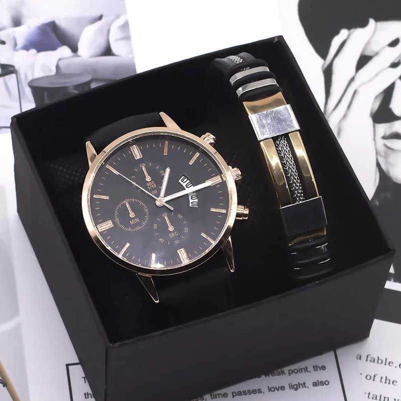 Men Watch Bracelet Set Fashion Sport Wrist Watch Alloy Case Leather Band Watch Quartz Business Wristwatch calendar Clock Gift 210630
