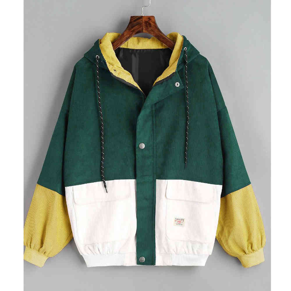 Color Block Long Sleeve Corduroy Women Jacket Patchwork Drawstring Hit Autumn Plus Size Coat 210428