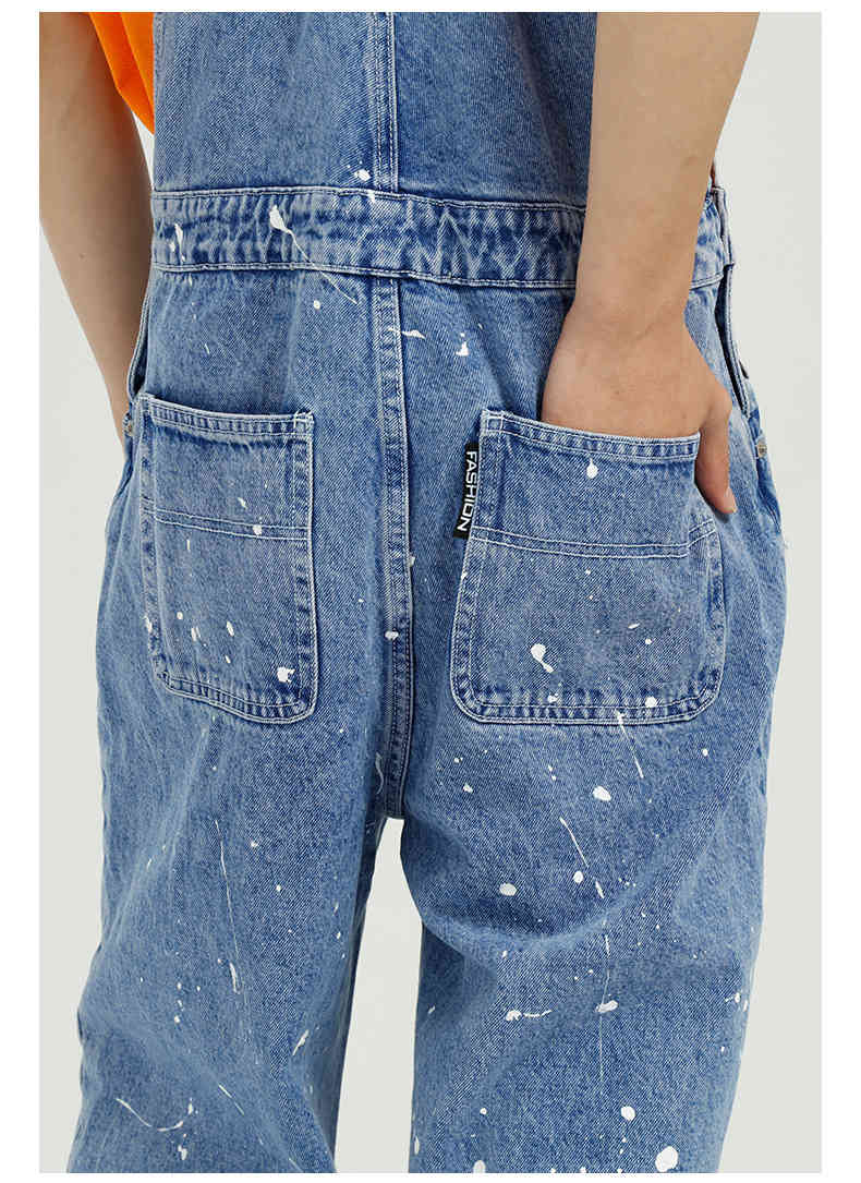 IEFB Men's Clothing Blue Denim Overalls Fashion Loose Wash Do Old Splash Ink Jeans Jumpsuit For Male Summer 9Y6781 210524
