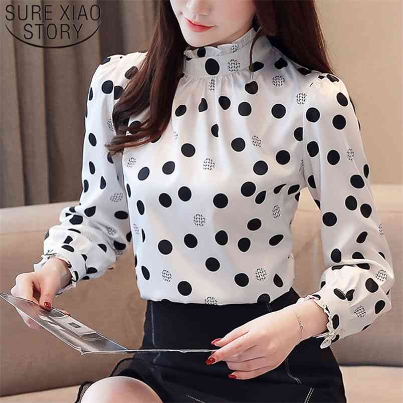 Autumn Fashion Women Chiffon Shirts Long Sleeve Polka Dot Blouses Casual Stand Collar Tops 6113 50 210506