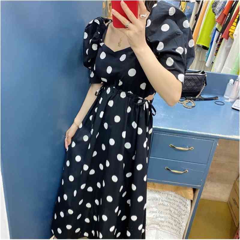 Elegant Vintage Polka Dot Print square collar Summer Midi Dress Korean Women puff sleeve Sexy slim Hollow out waist dress 210519