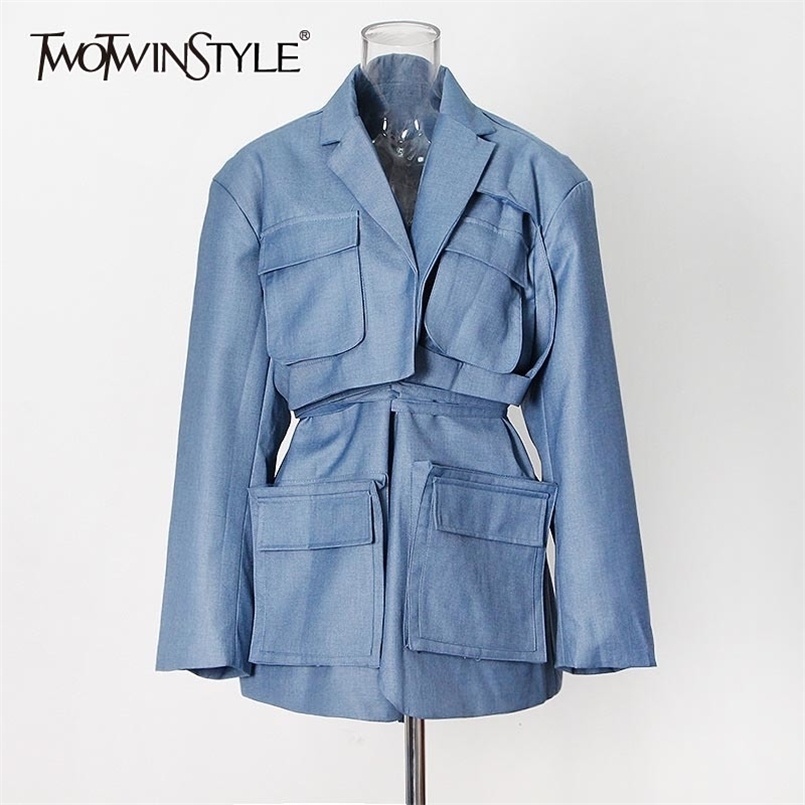 

Vintage Blazers For Women Notched Long Sleeve Tunic Minimalist Patchwork Pockets Casual Coats Female Clothing 210524, Blue
