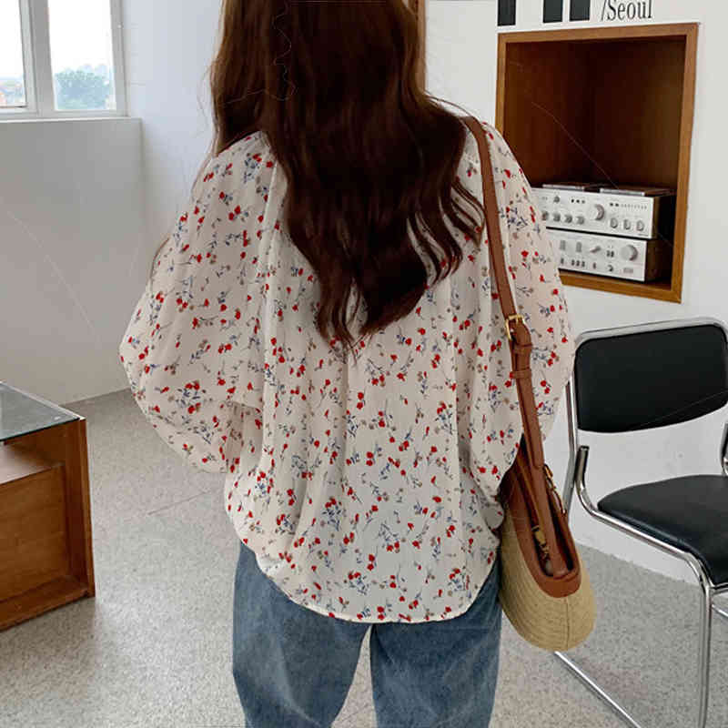 Floral Print Chiffon Blouse Women Puff Sleeve Autumn Casual Loose Tops Cardigan Ladies Clothes Blusas 10316 210518