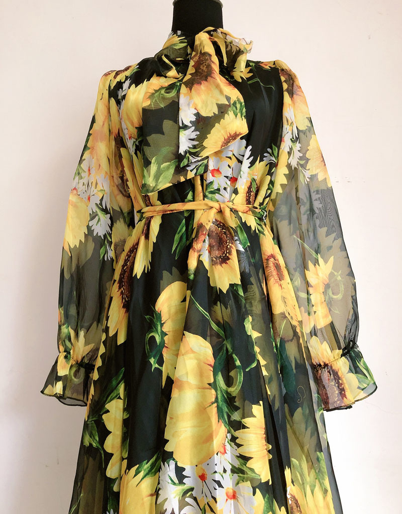 summer maxi dress sun flower printed chiffon loose plus size long party lacr up bow collar beach es vestidos 210421