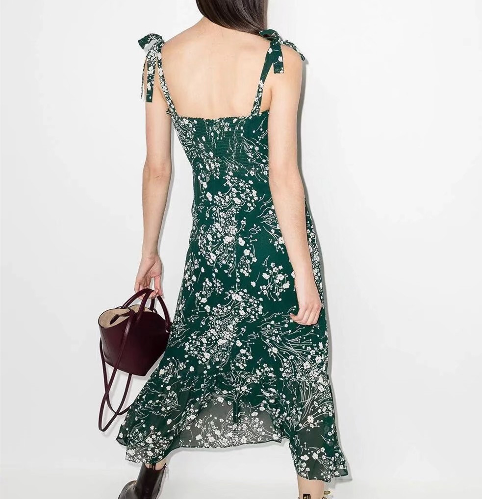 France Style Floral Print Bow Tie Strap Ruffles Hem Midi Dress Retro Sexy Women Elastic Slim Sling Tea Green Red 210429