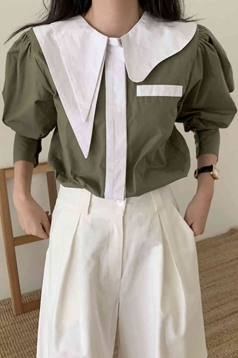 Women Spring Autumn Blouses Asymmetrical Turn-down Collar Tops Female Contrast Color Korean Chic Office Lady Casual Shirt 210519