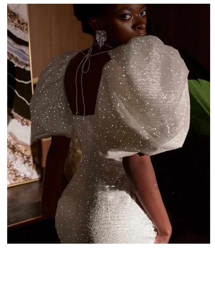 African Sparkle White Sequined Cocktail Party Dresses Short Puff Sleeves Mini Sheath Prom Gowns Elegant Evening Dress For Women Special Occasion