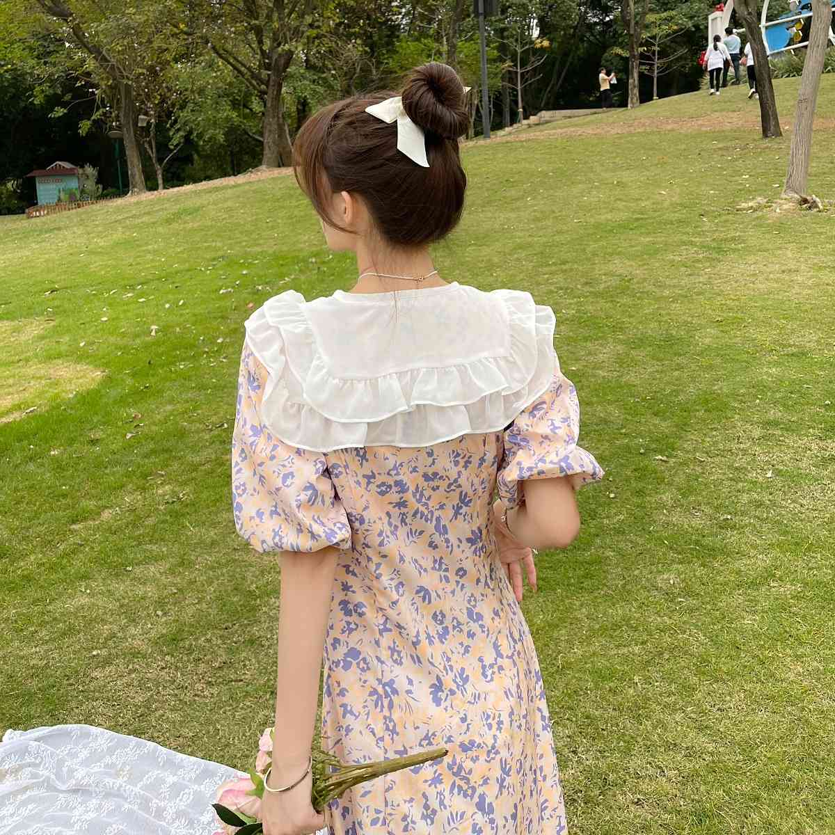 Summer Sweet Ruffles Bow Peter Pan Collar Puff Sleeve Flower Print Chiffon Dress France Women Chic Slim Waist Casual Party 210519