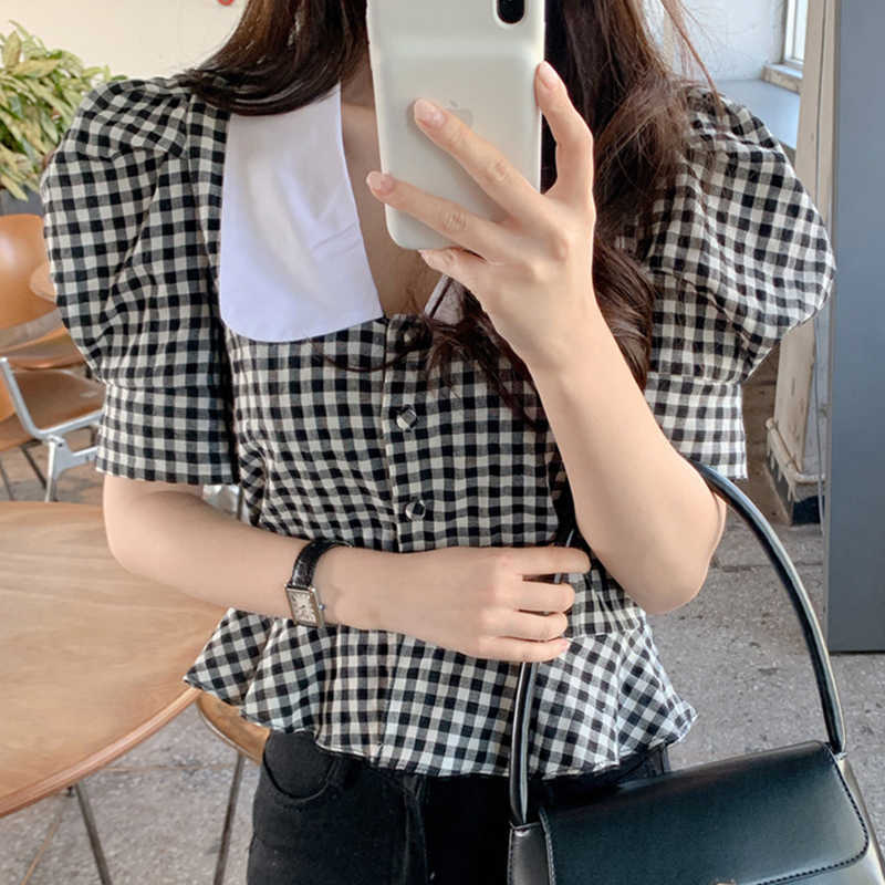 Korejpaa Women Blouses Korean Style Chic Summer Temperament Black White Plaid Short Bubble Sleeve Shirt Femme Blusas Mujer 210526