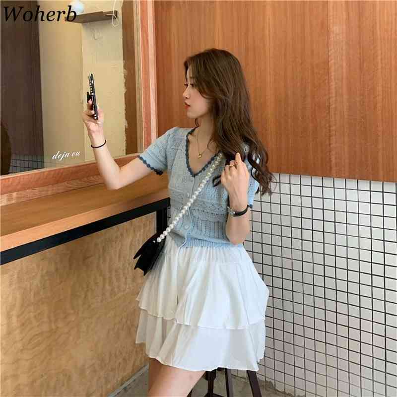 Summer Knitted Crop Cardigan Tops Women Korean Elegant Vintage Short Sleeve Ladies Jumpers V-neck Sweater Femme 210519