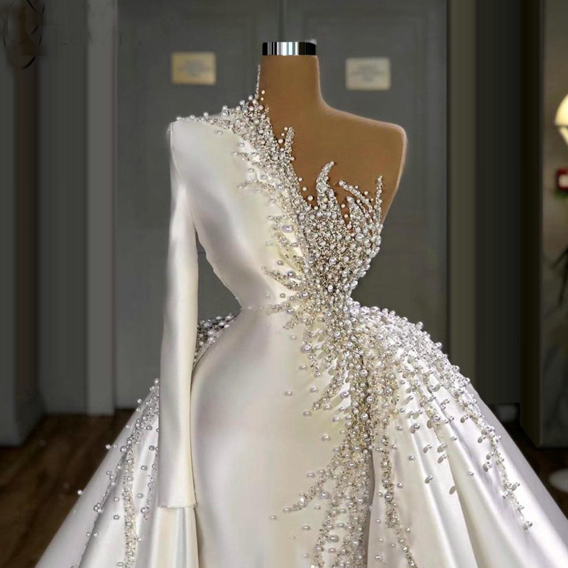Luxury Pearls Mermaid Wedding Dresses One Shoulder Long Sleeve Beads Bridal Gowns Elegant Wedding Dress robes de mariée
