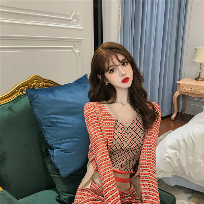 Women Casual Pant Set Spring stripe Ladies V Neck single-breasted coat +Vest tops+Flare Pants Suit Knitted 3 piece set 210518