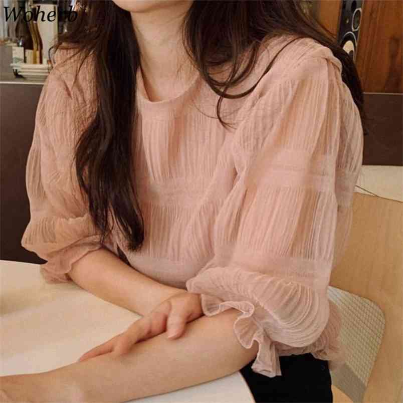 Elegant Thin Chiffon Blouse Women Summer See Through Top Pleated Transparent Puff Sleeve Shirt Casual Tops Blusas 210519, Pink
Elegant Thin Chiffon Blouse Women Summer See Through Top Pleated Transparent Puff Sleeve Shirt Casual Tops Blusas 210519, Pink