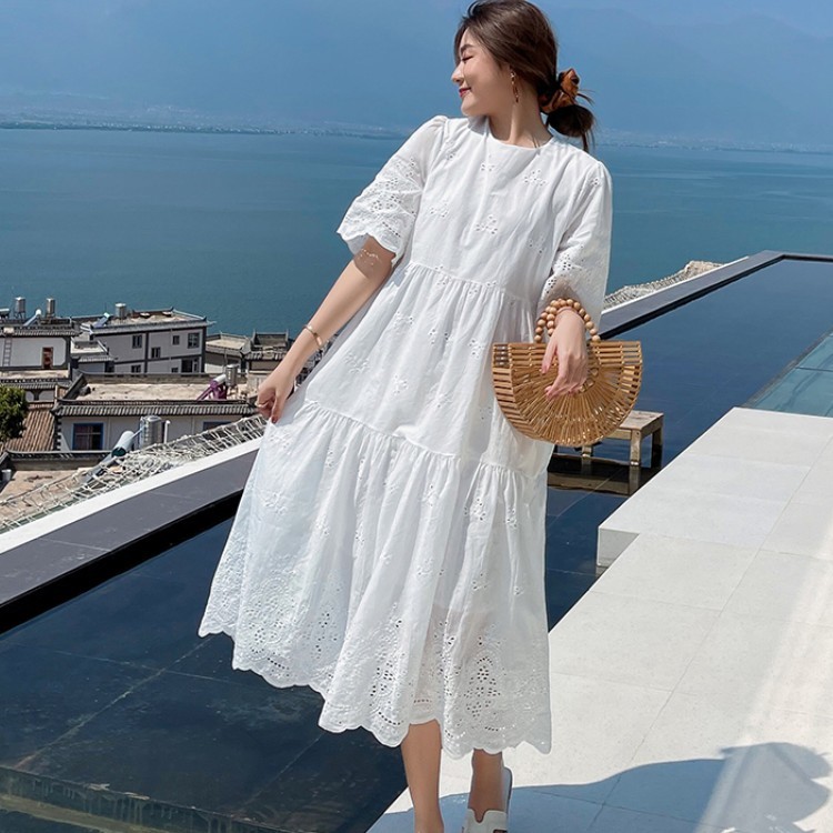 Retro Fashion Elegant White Cotton Hollow Embroidery Party Dress Women Summer Short Sleeve Casual Loose Dresses Female Vestidos 210519