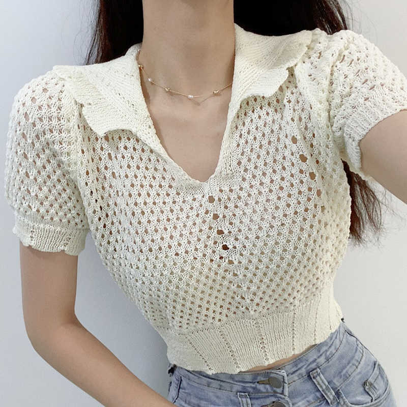 Korejpaa Women T-Shirt Summer Korean Chic Temperament Age-Reducing Lapel Mesh Hollow Perspective Sunscreen Knitted Pullover 210526