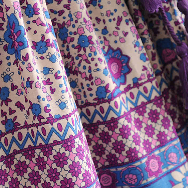 beauty Boho Floral Print Cotton Women's Midi Dress Holiday Style Beautiful Fashion Tassel Female Mini Dresses 210514