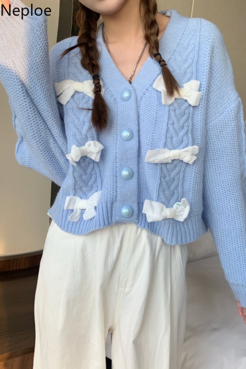 Neploe Woman Sweaters Chic Sweet Bow Knitted Cropped Cardigan Spring Colthes Loose V-neck Long Sleeve Sueter Coat Femme 210422
