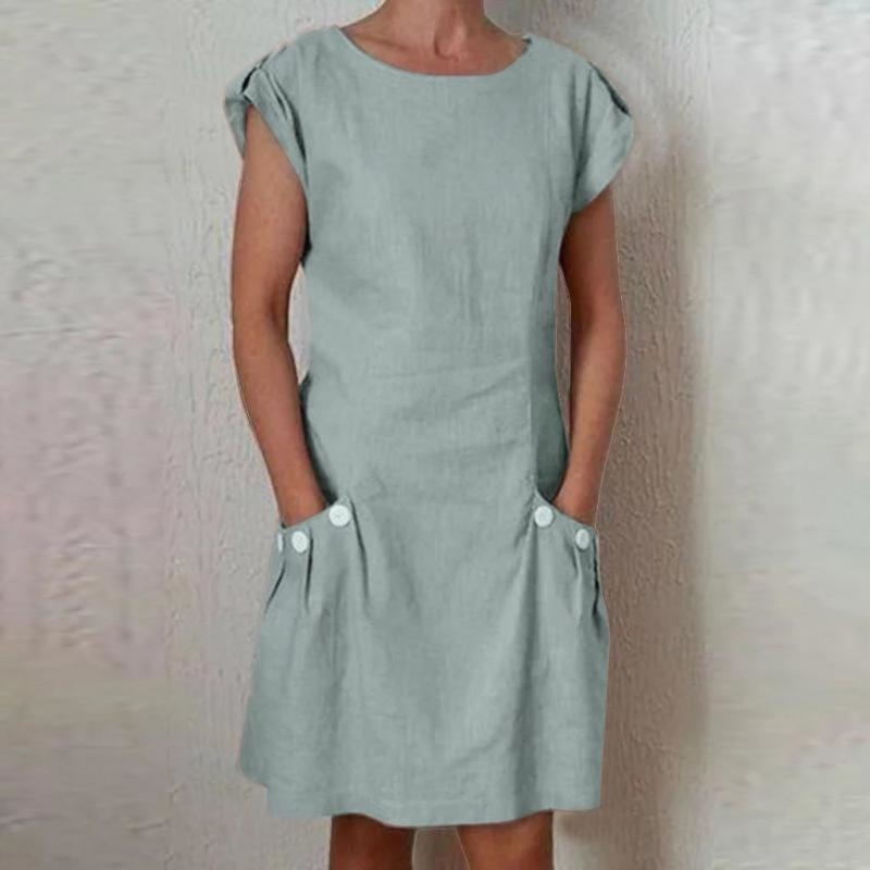 Women Dress Solid Short Sleeve Cotton Linen Loose Casual Ladies es Plus Size Summer es Black Orange 210513