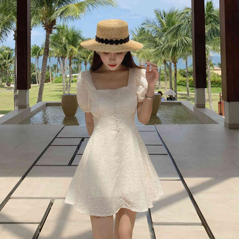 Summer Korean Dress Women Casual Short Sleeve Solid Mini Plus Size es for Apricot High Waist Vestidos 210510