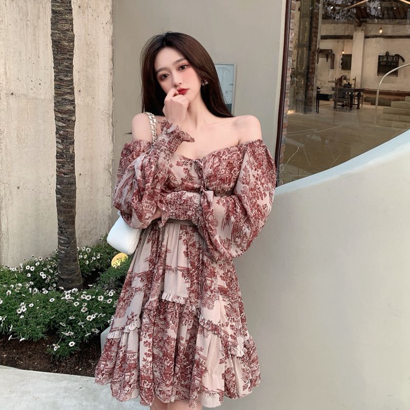 Elegant Floral Sweet Dress Women Retro Puff Sleeve Chiffon High Waist Party Casual Female Summer 210519